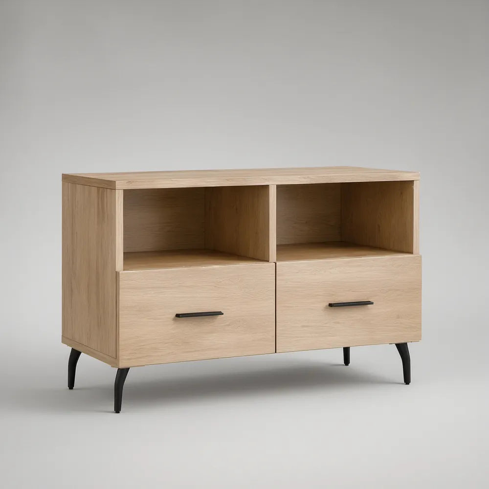 TV stolek se 2 zásuvkami a 2 otevřenými přihrádkami, světlý dub/černá, 120 × 40 × 70 cm